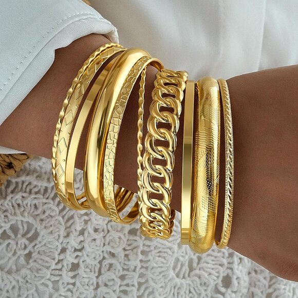 Brass Chunky Gold Bangles Set, 14K Gold Plated - Customizable for Every Occasion - Picture 2 of 9